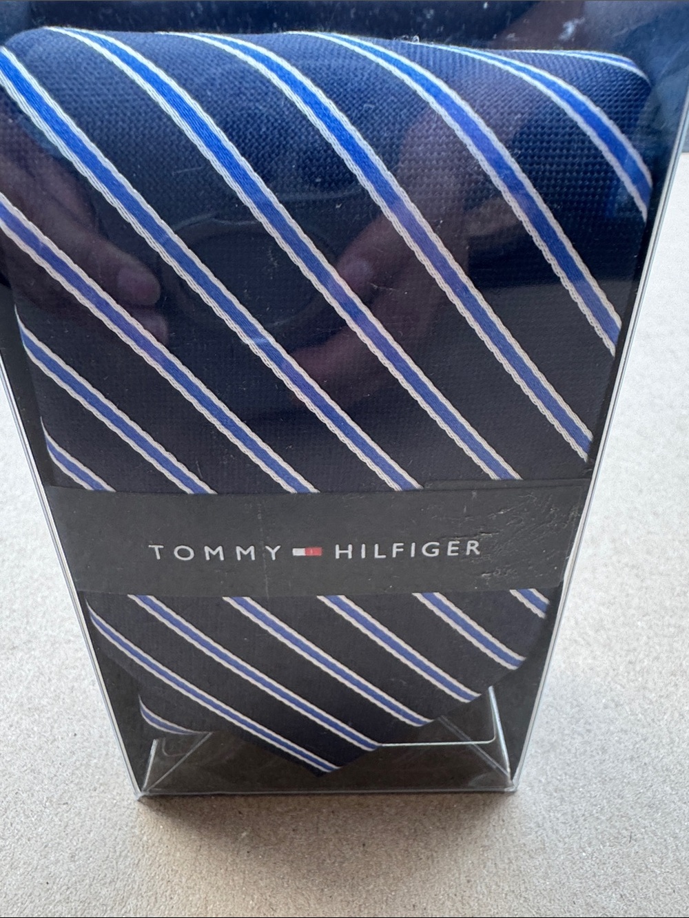 Tommy Hilfiger Navy Tie with Light Blue and White Stripes